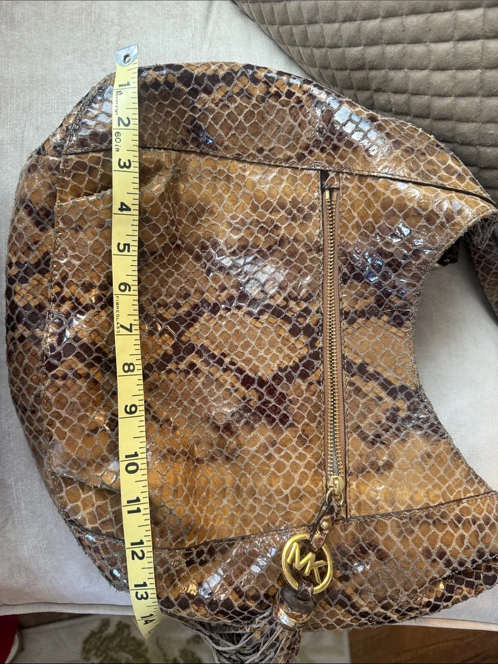 Michael Kors Brown and Tan Snake-Print Leather Hobo with Tassel Charm